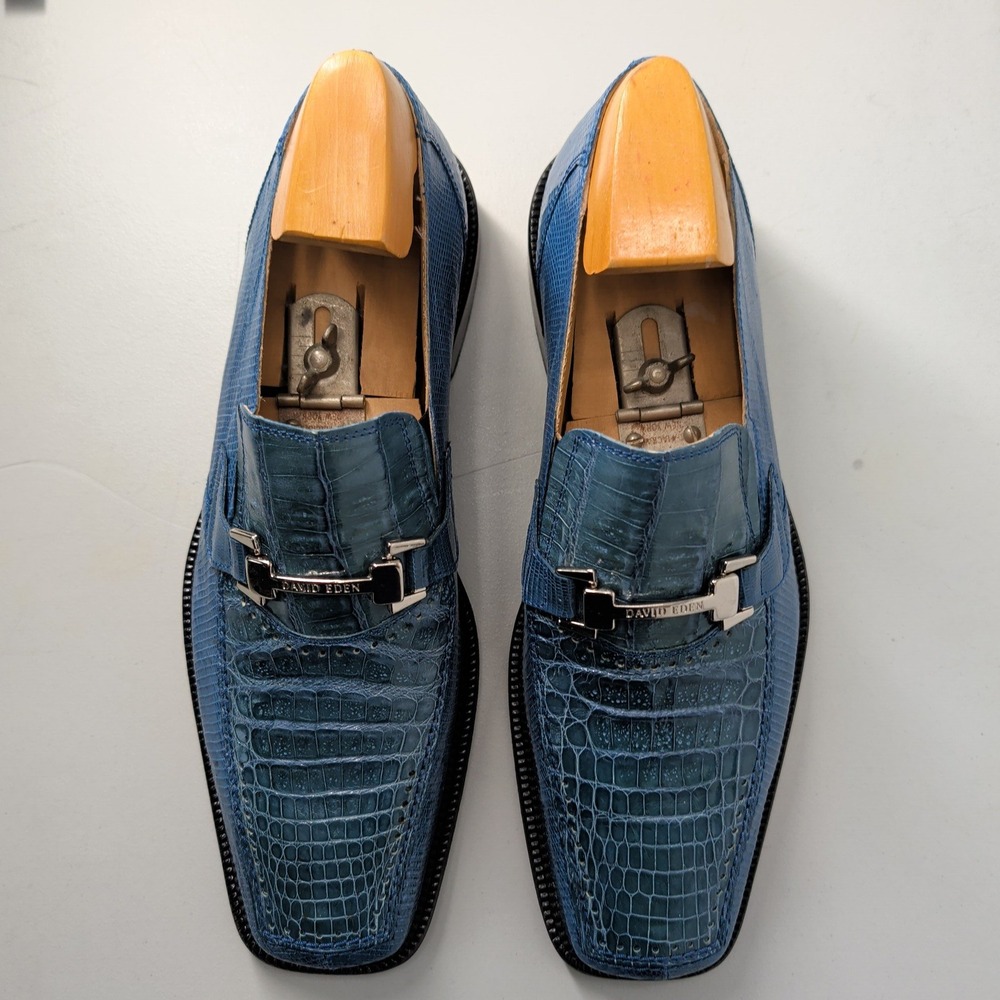 David Eden Mens Blue Genuine Crocodile Lizard Bit Loafers Square Toe 10.5 Luxury